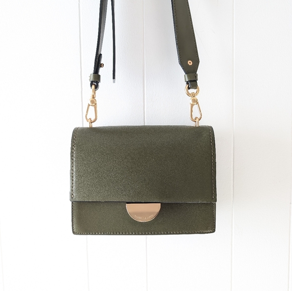 Charles & Keith Handbags - Charles & Keith Green Olive Metallic Accent Push Lock Faux Leather Crossbody Bag